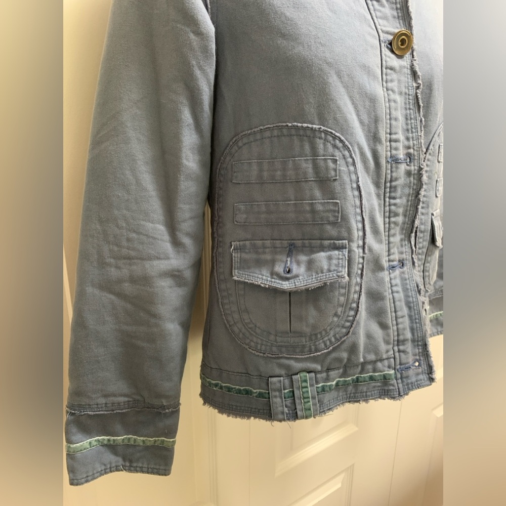 Denim Blue Size Small Lined Nikita Jacket Funnel Collar frayed hem Velour Piping - Picture 3 of 14